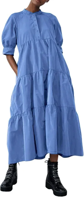 chouyatou Women's Summer Puff Sleeve Maxi Tiered Babydoll Dress Casual A-Line Swing Long Shirt Dress
