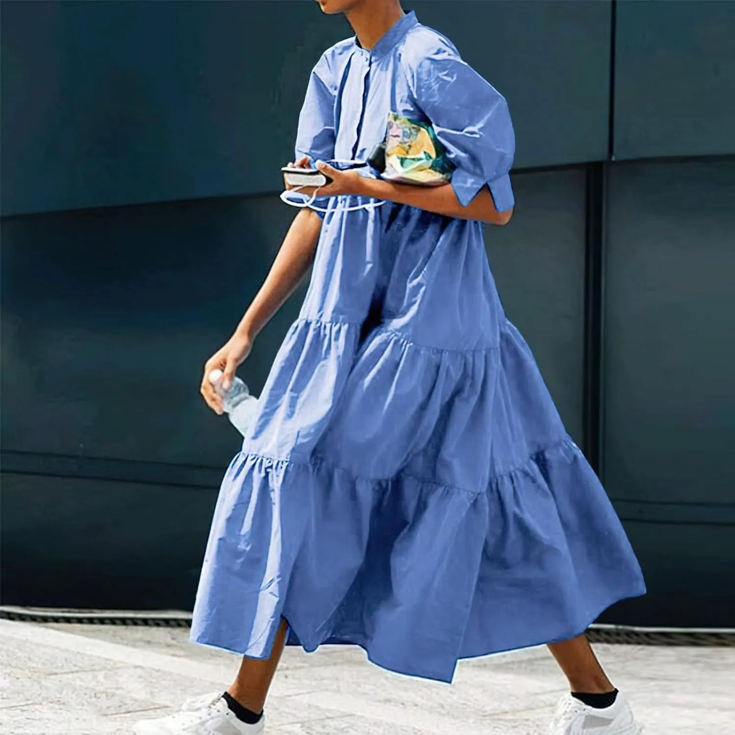 chouyatou Women's Summer Puff Sleeve Maxi Tiered Babydoll Dress Casual A-Line Swing Long Shirt Dress