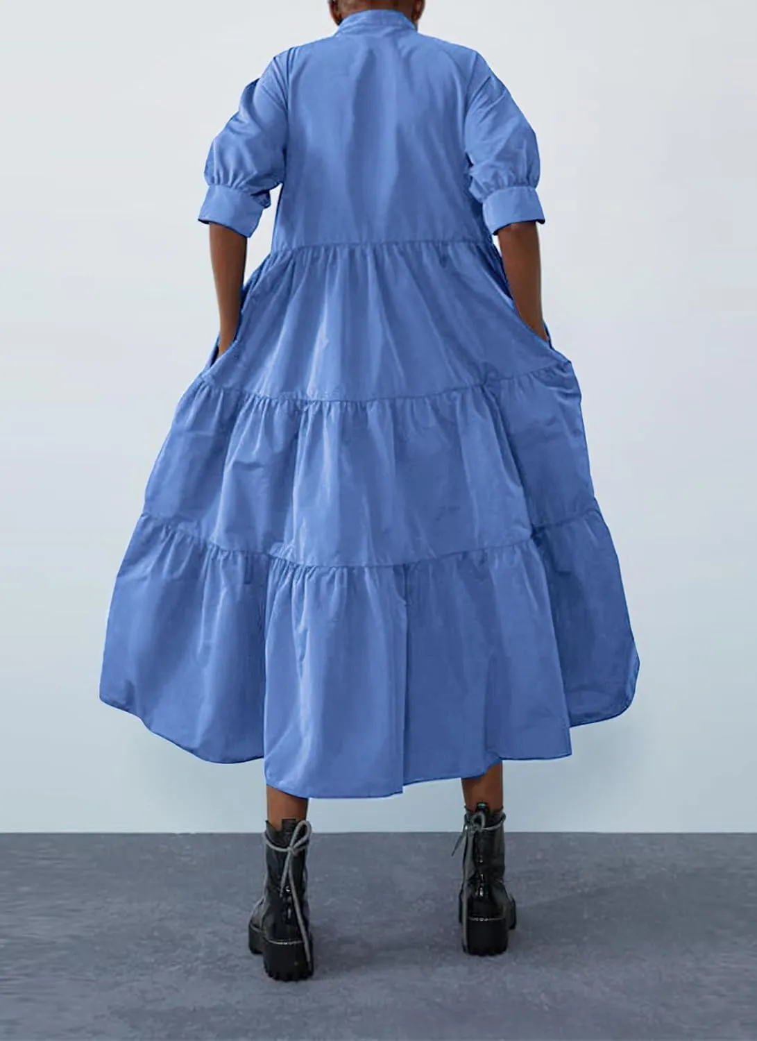 chouyatou Women's Summer Puff Sleeve Maxi Tiered Babydoll Dress Casual A-Line Swing Long Shirt Dress