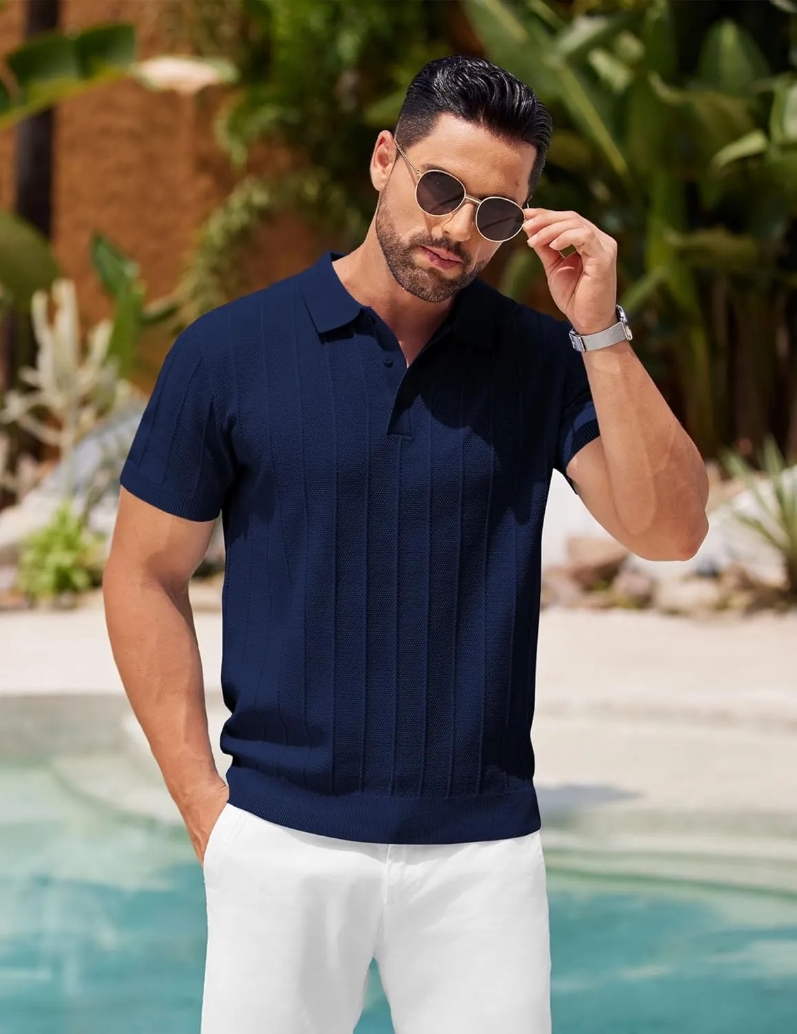 COOFANDY Mens Knit Polo Shirts Short Sleeve Ribbed Textured Polo Shirt Lightweight Casual Golf Shirts Collared T Shirt