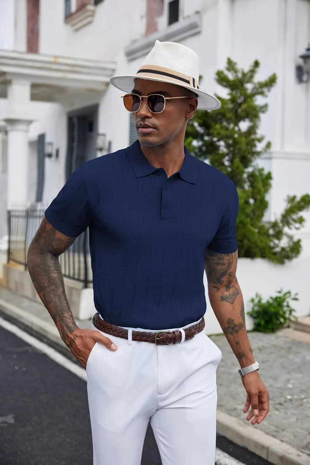 COOFANDY Mens Knit Polo Shirts Short Sleeve Ribbed Textured Polo Shirt Lightweight Casual Golf Shirts Collared T Shirt