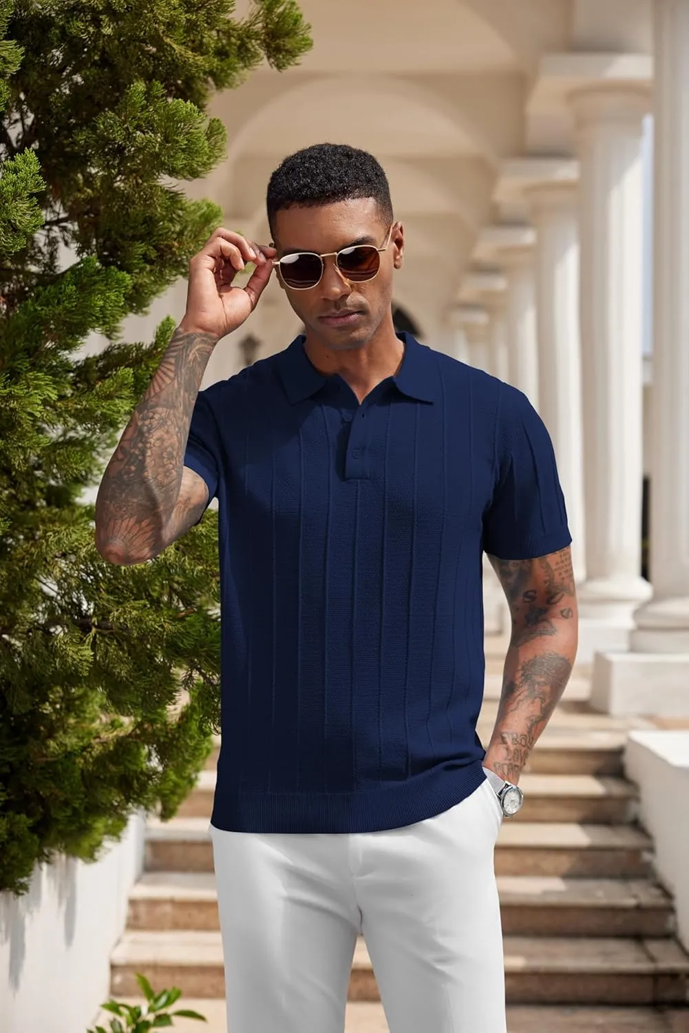 COOFANDY Mens Knit Polo Shirts Short Sleeve Ribbed Textured Polo Shirt Lightweight Casual Golf Shirts Collared T Shirt