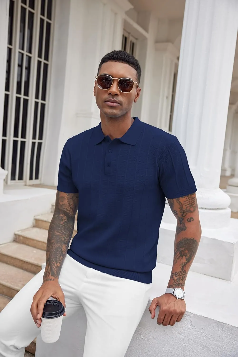 COOFANDY Mens Knit Polo Shirts Short Sleeve Ribbed Textured Polo Shirt Lightweight Casual Golf Shirts Collared T Shirt