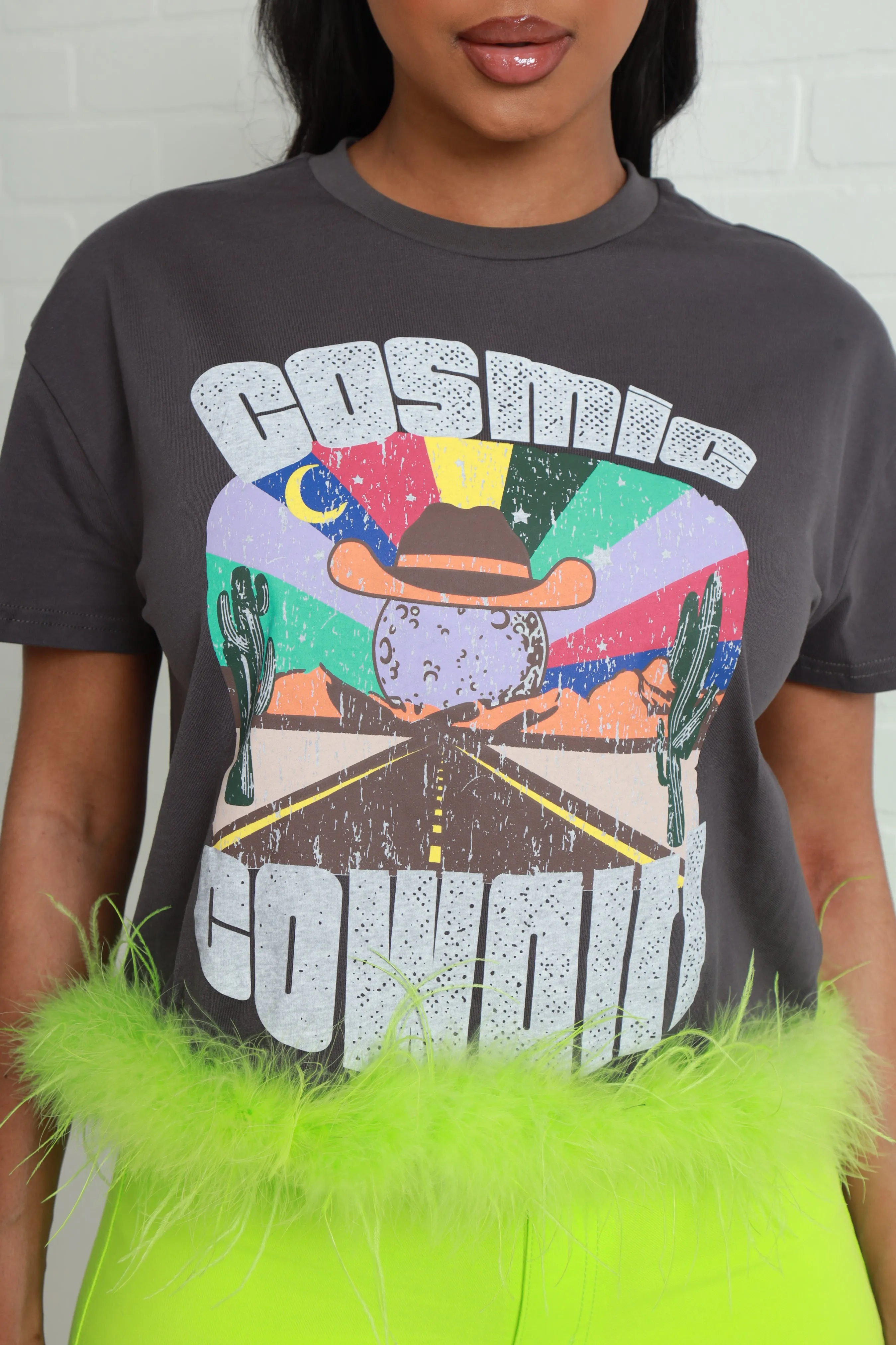 Cosmic Cowgirl Graphic Feather Lined Top - Charcoal Grey