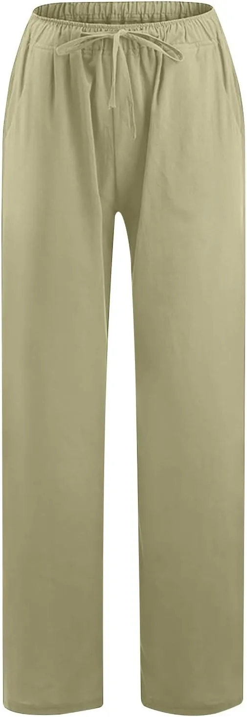 Ctreela Womens Cotton Linen Drawstring Wide Leg Pants High Waisted Casual Loose Trousers with Pockets Elastic Waist Joggers