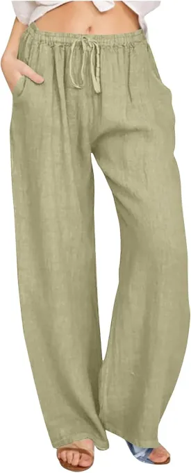 Ctreela Womens Cotton Linen Drawstring Wide Leg Pants High Waisted Casual Loose Trousers with Pockets Elastic Waist Joggers