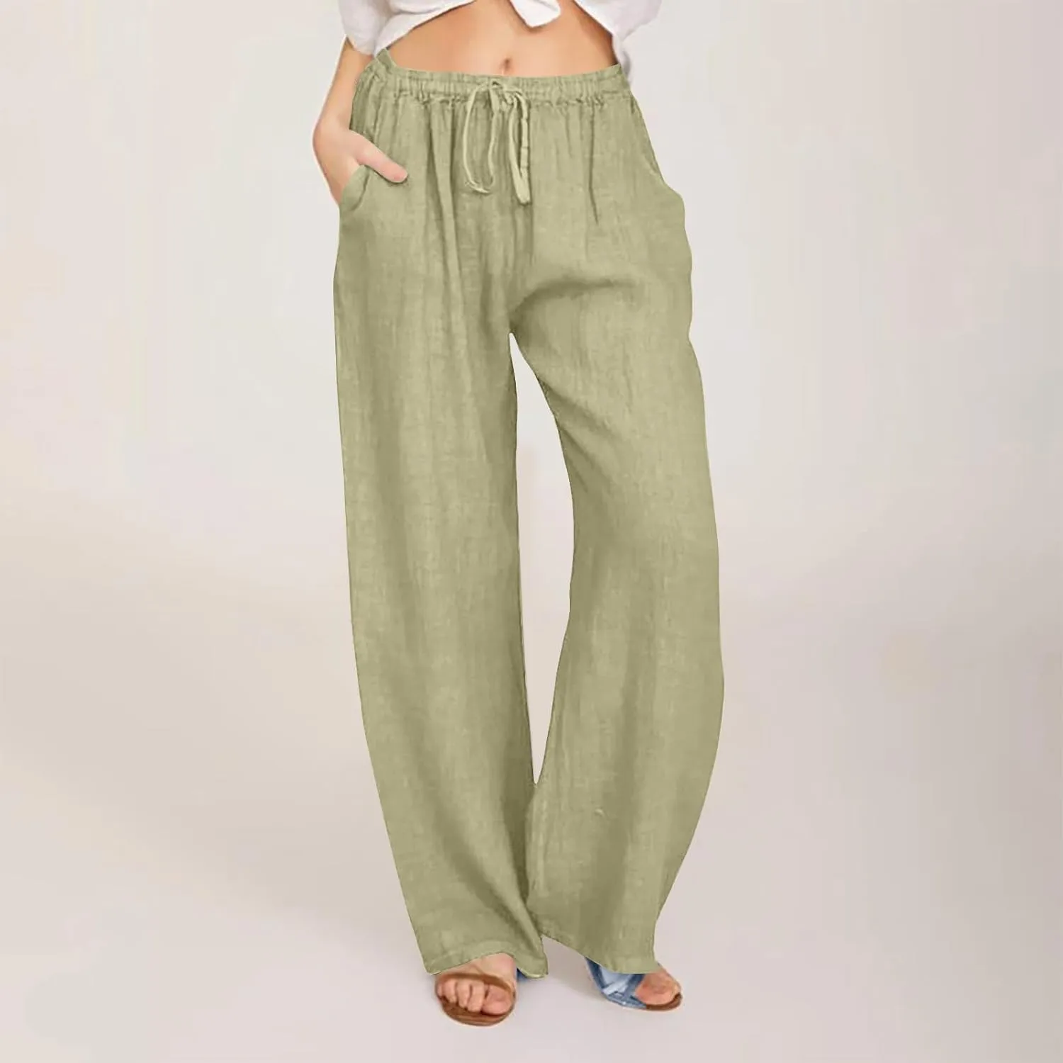 Ctreela Womens Cotton Linen Drawstring Wide Leg Pants High Waisted Casual Loose Trousers with Pockets Elastic Waist Joggers