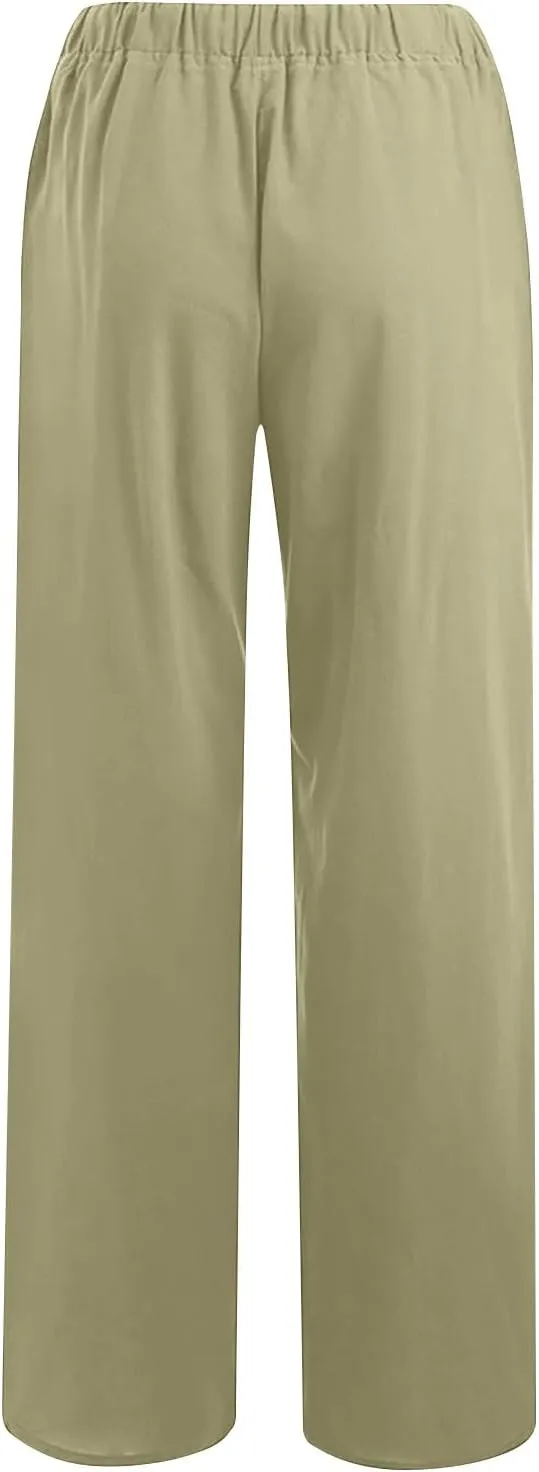 Ctreela Womens Cotton Linen Drawstring Wide Leg Pants High Waisted Casual Loose Trousers with Pockets Elastic Waist Joggers
