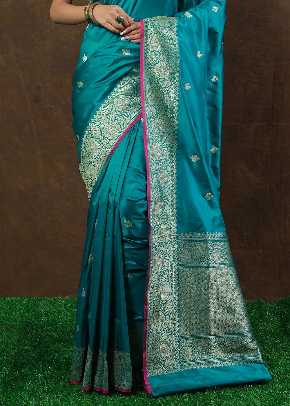 Cyan Blue Hand Woven Pure Katan Silk Saree