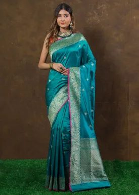 Cyan Blue Hand Woven Pure Katan Silk Saree