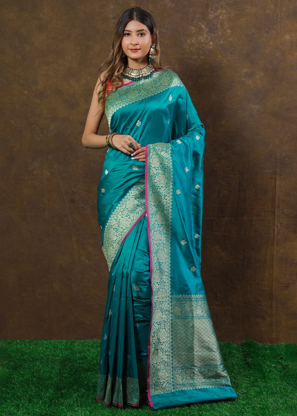 Cyan Blue Hand Woven Pure Katan Silk Saree