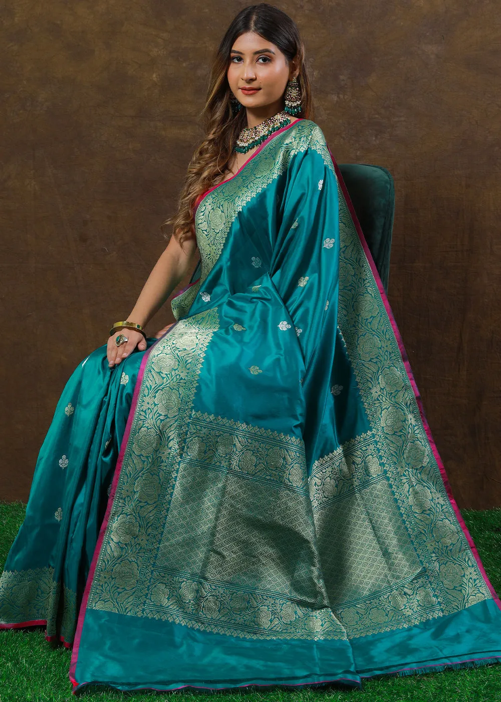 Cyan Blue Hand Woven Pure Katan Silk Saree