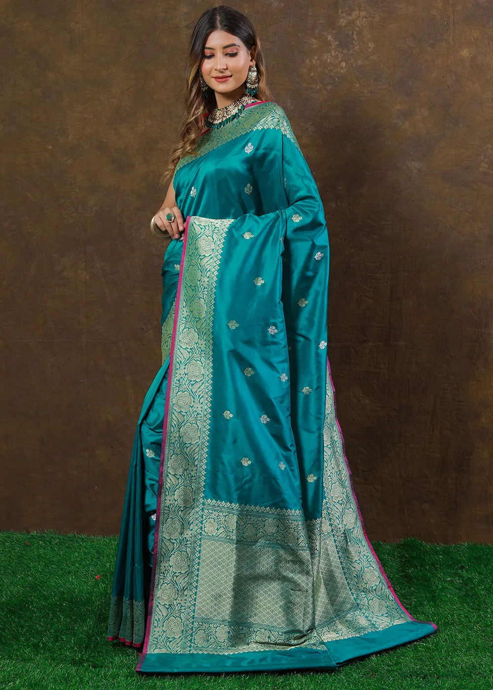 Cyan Blue Hand Woven Pure Katan Silk Saree