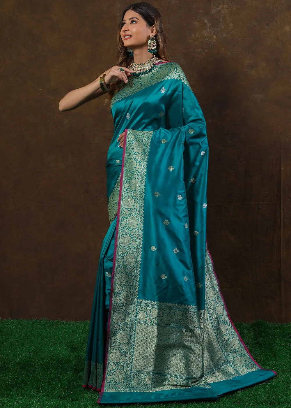Cyan Blue Hand Woven Pure Katan Silk Saree