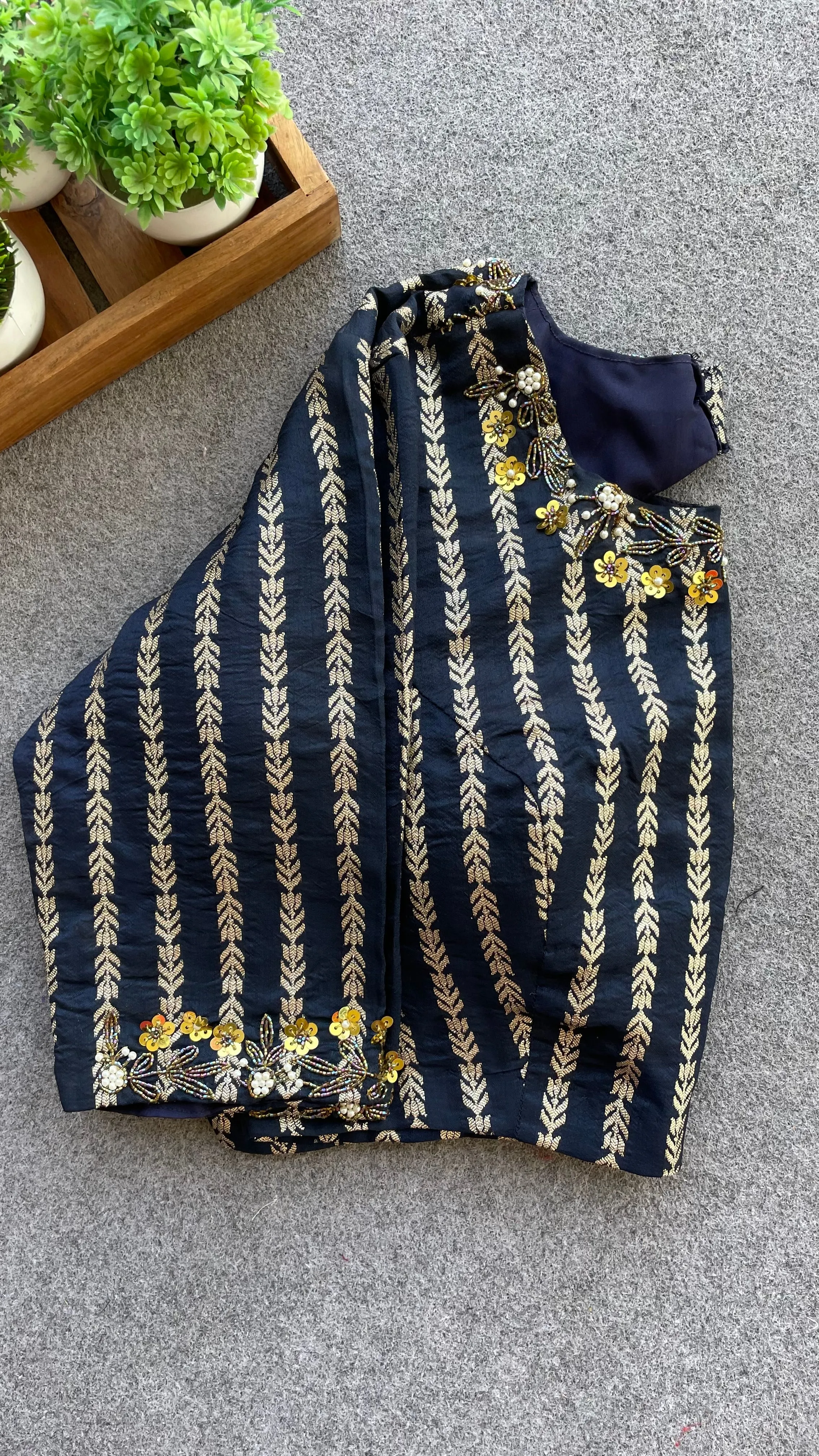 Dark blue gold stripped handwork blouse