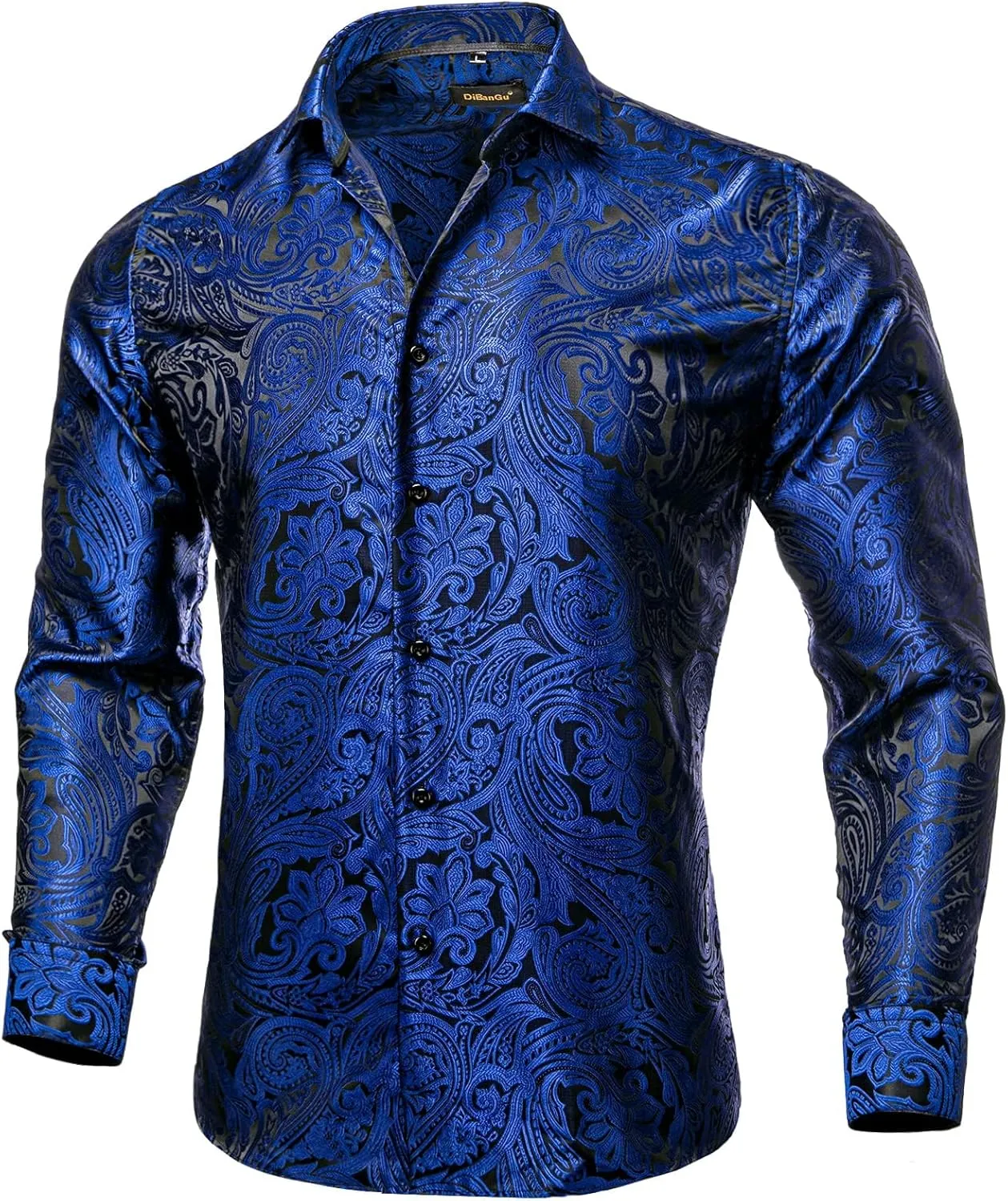 DiBanGu Mens Silk Paisley Dress Shirts,Long Sleeve Button Down Shirt Casual Regular Fit Shirt for Men Wedding Party