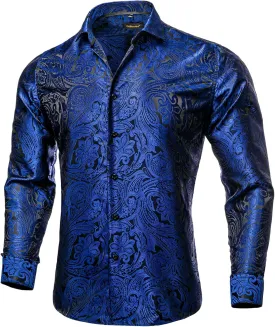 DiBanGu Mens Silk Paisley Dress Shirts,Long Sleeve Button Down Shirt Casual Regular Fit Shirt for Men Wedding Party