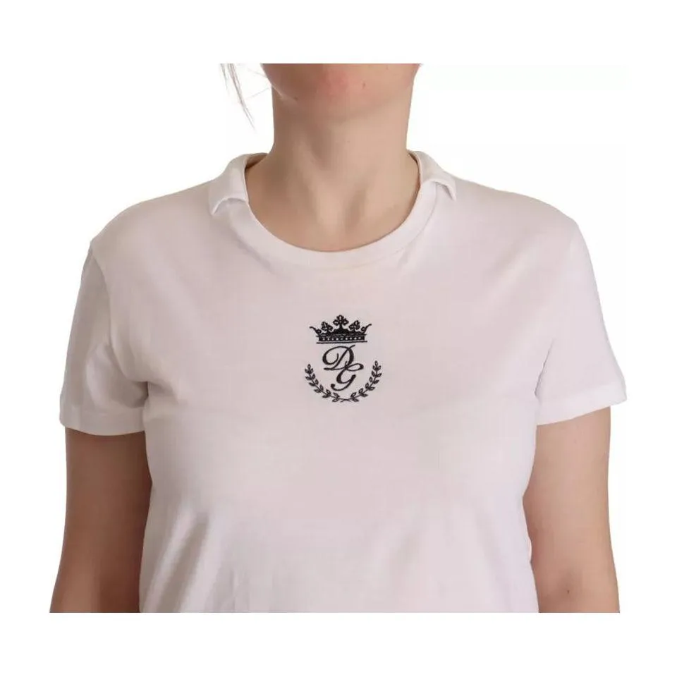 Dolce & Gabbana White DG Crown Print Cotton Collared Neck T-shirt