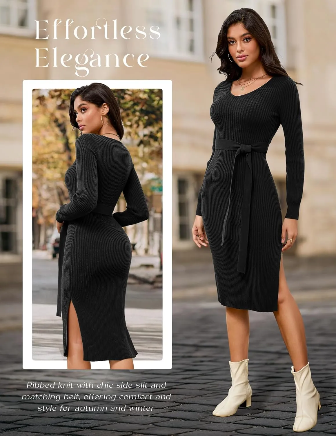 Dressystar Women's Fall Ribbed Knit Sweater Dress V Neck Long Sleeve Tie Waist Slim Fit Bodycon Midi Dress