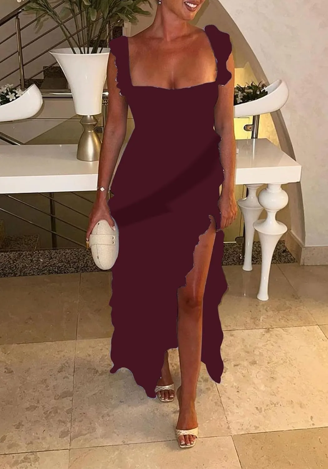 Ecirod Womens Spaghetti Strap High Slit Bodycon Maxi Dress Square Neck Backless Party Club Dresses