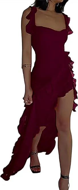 Ecirod Womens Spaghetti Strap High Slit Bodycon Maxi Dress Square Neck Backless Party Club Dresses