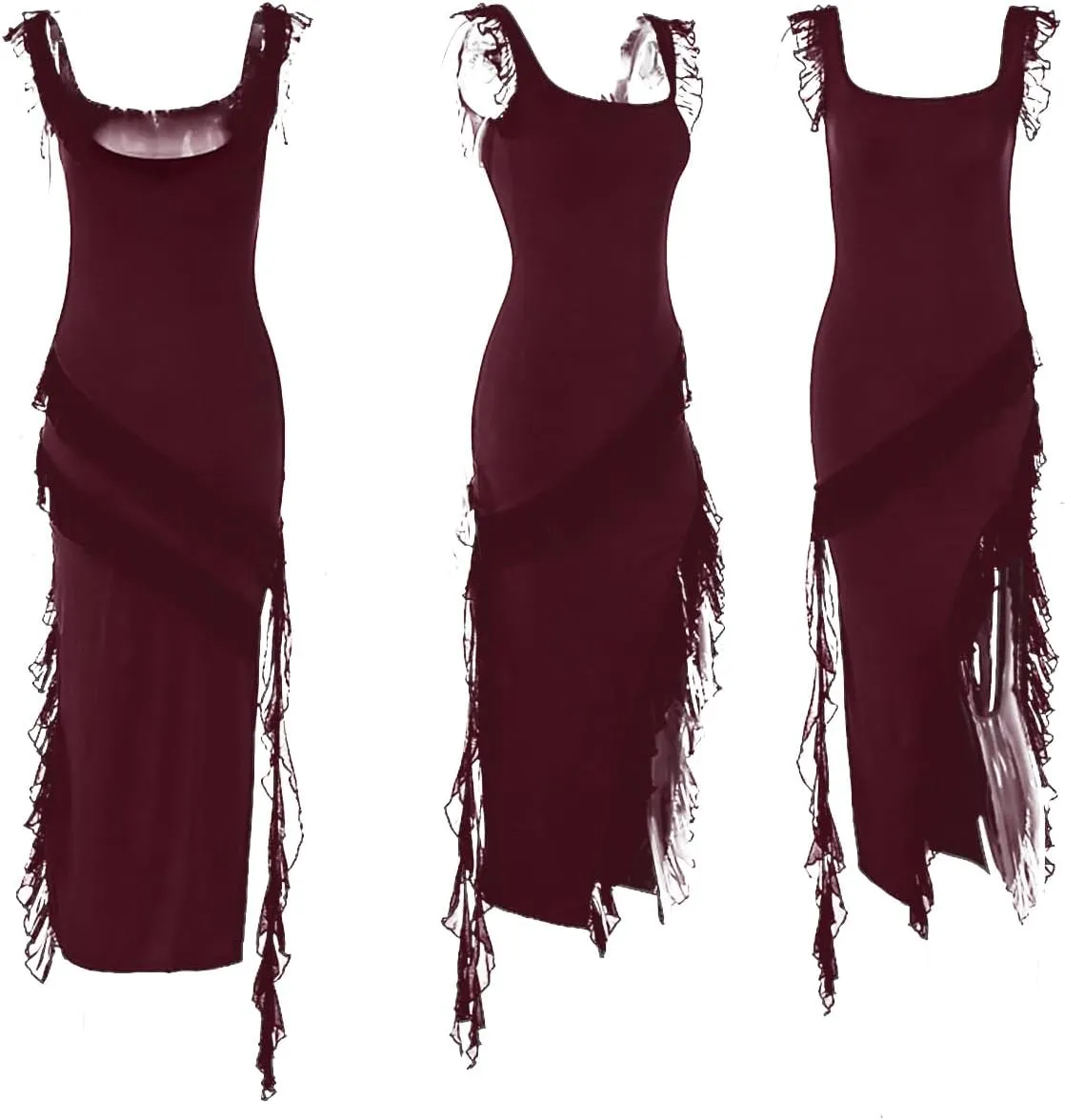 Ecirod Womens Spaghetti Strap High Slit Bodycon Maxi Dress Square Neck Backless Party Club Dresses