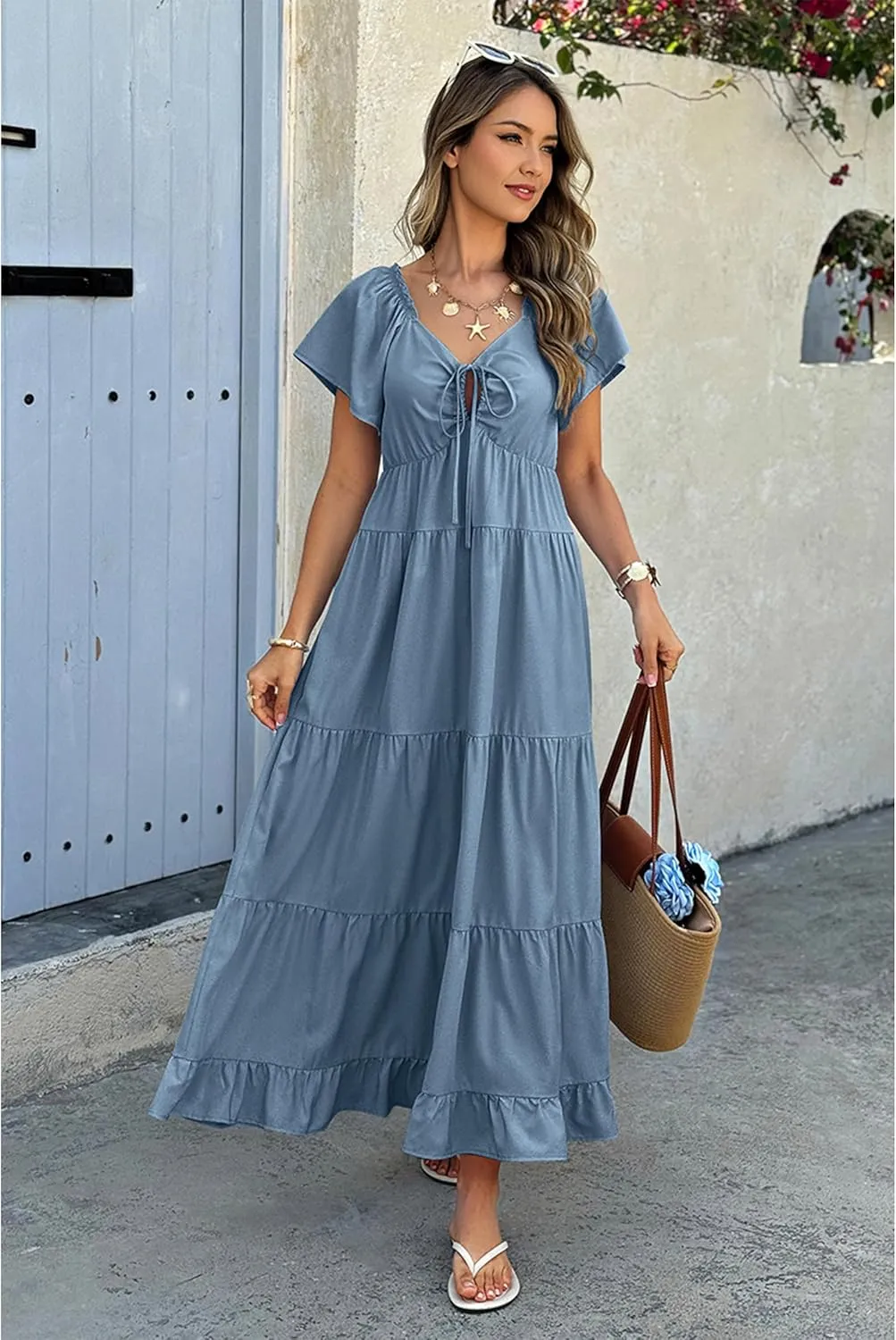 ECOWISH Womens Summer Maxi Dress 2025 Flutter Short Sleeve V Neck Tie Front Wedding Guest Vacation Tiered Flowy Dresses