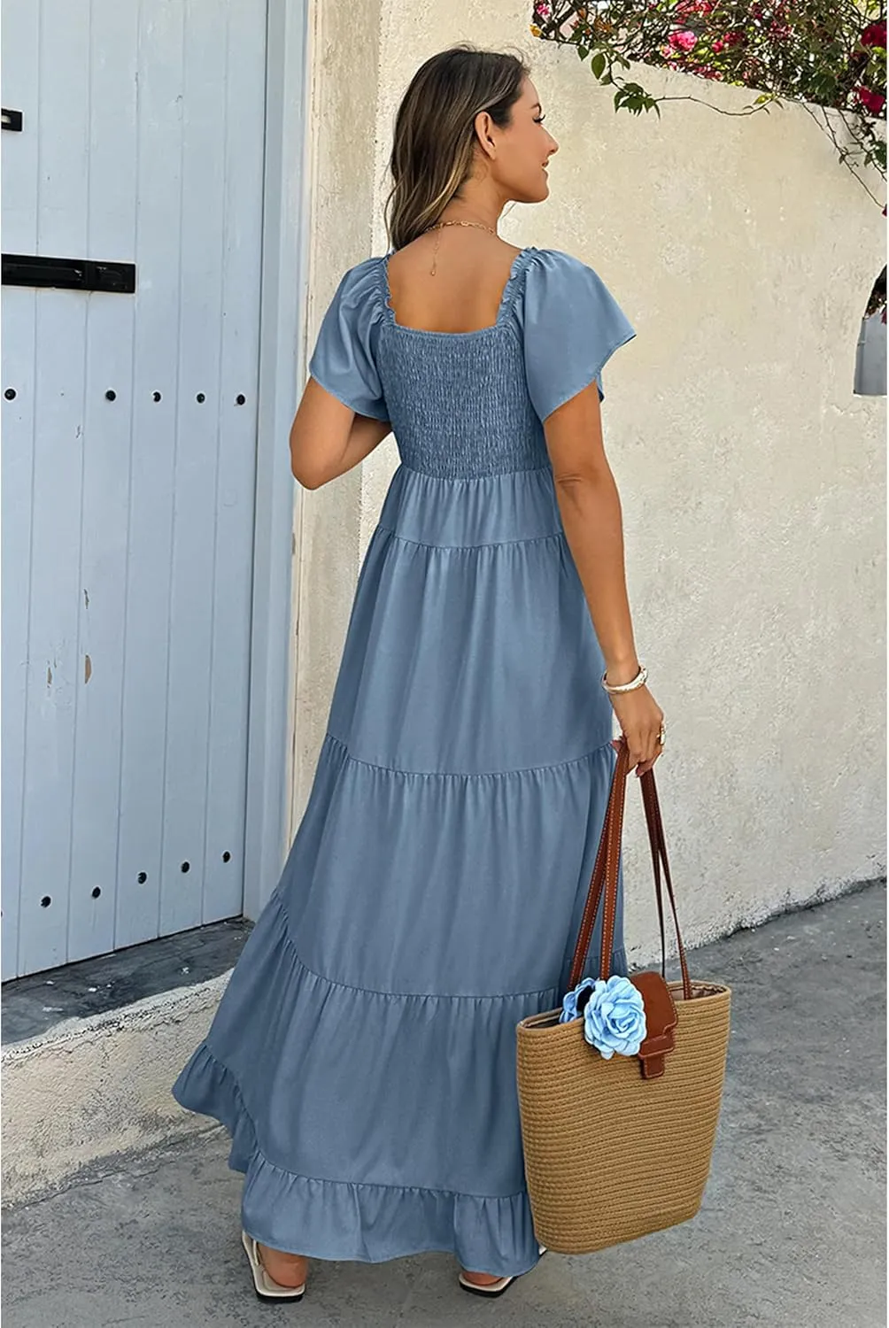 ECOWISH Womens Summer Maxi Dress 2025 Flutter Short Sleeve V Neck Tie Front Wedding Guest Vacation Tiered Flowy Dresses