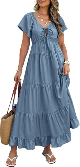 ECOWISH Womens Summer Maxi Dress 2025 Flutter Short Sleeve V Neck Tie Front Wedding Guest Vacation Tiered Flowy Dresses