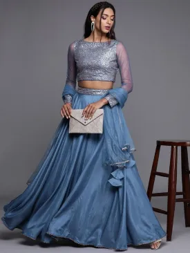 Electric Blue Solid SemiStitched Lehenga with Sequinned Blouse and Net Dupatta