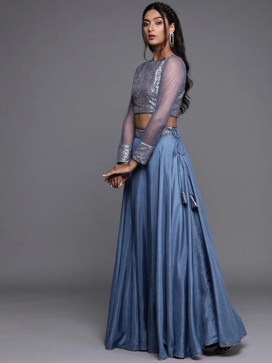 Electric Blue Solid SemiStitched Lehenga with Sequinned Blouse and Net Dupatta