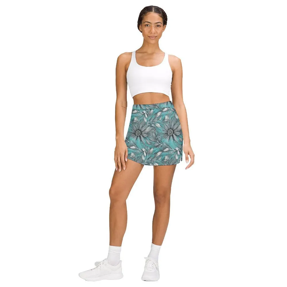Elegant Green Floral Large Print A-Line Skirt with Pocket Light proof trouser skirt