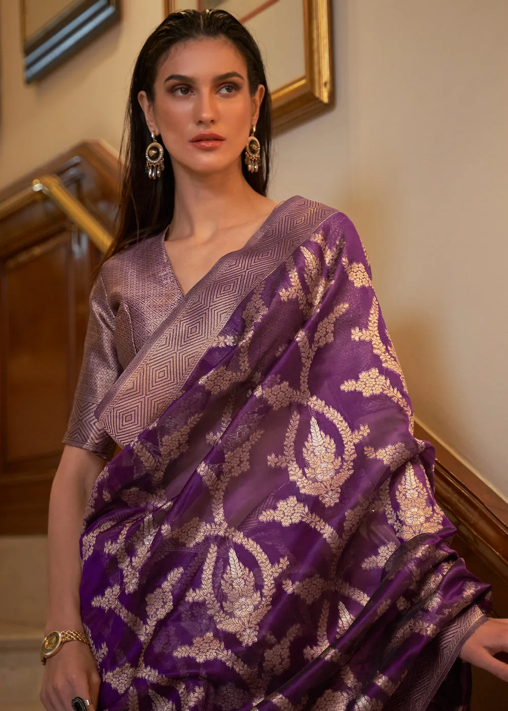 Eminence Purple Two Tone Handloom Woven Organza Silk Saree