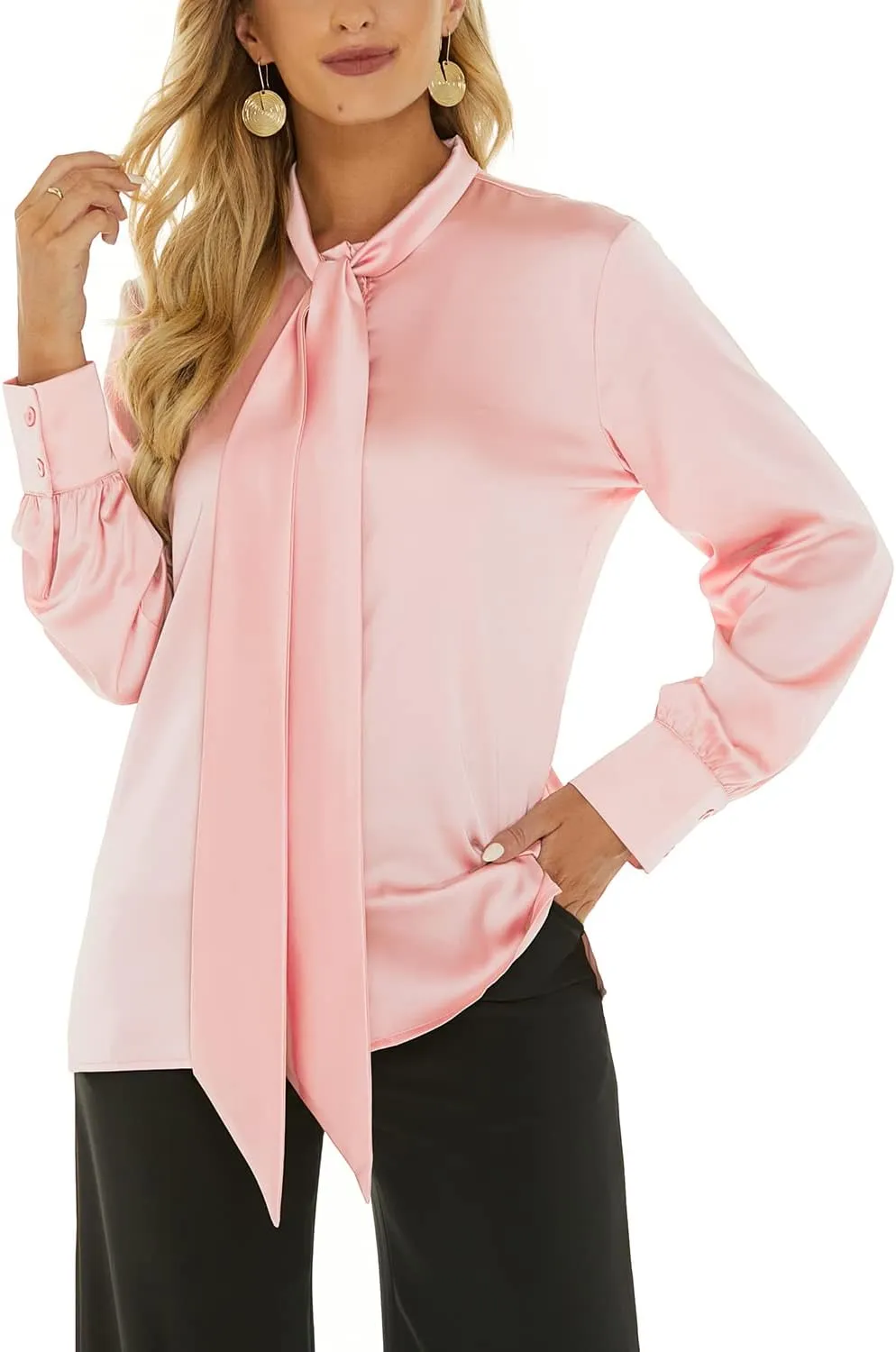 Escalier Women's Silk Blouse Long Sleeve Bow Tie Neck Button Down Shirts Casual Office Work Blouse Tops