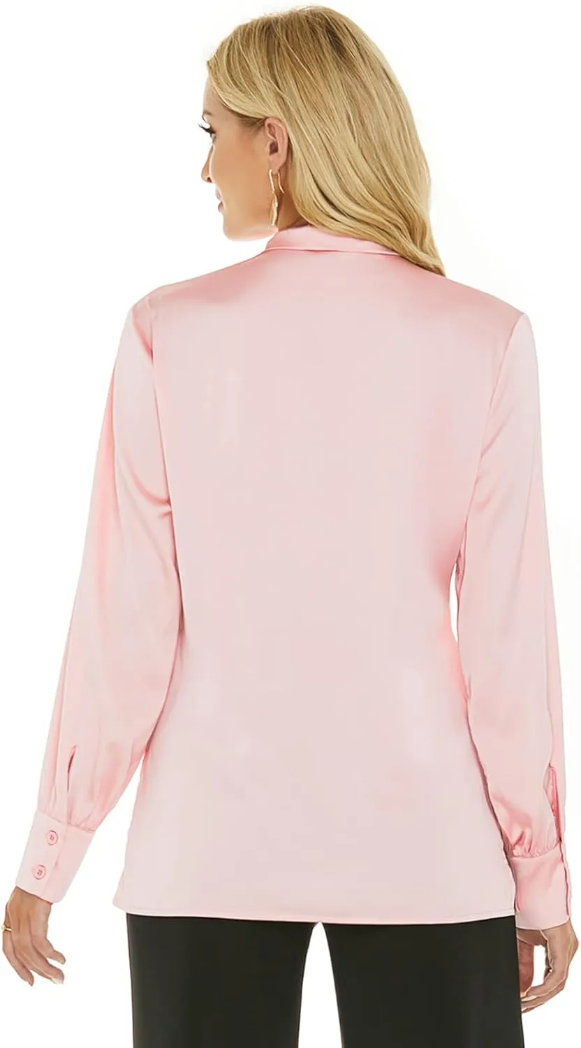 Escalier Women's Silk Blouse Long Sleeve Bow Tie Neck Button Down Shirts Casual Office Work Blouse Tops
