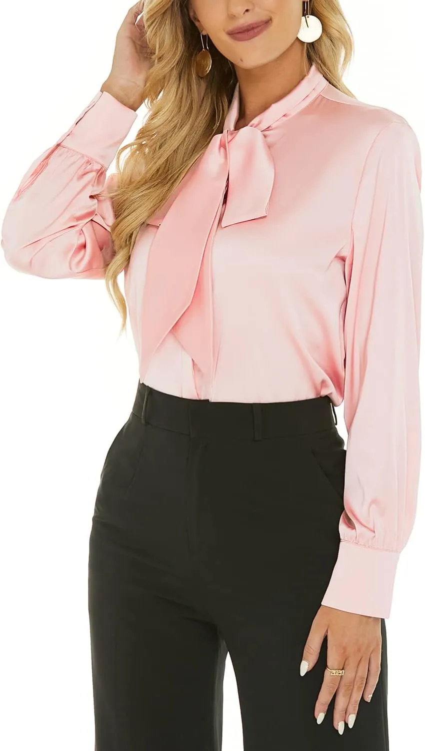 Escalier Women's Silk Blouse Long Sleeve Bow Tie Neck Button Down Shirts Casual Office Work Blouse Tops