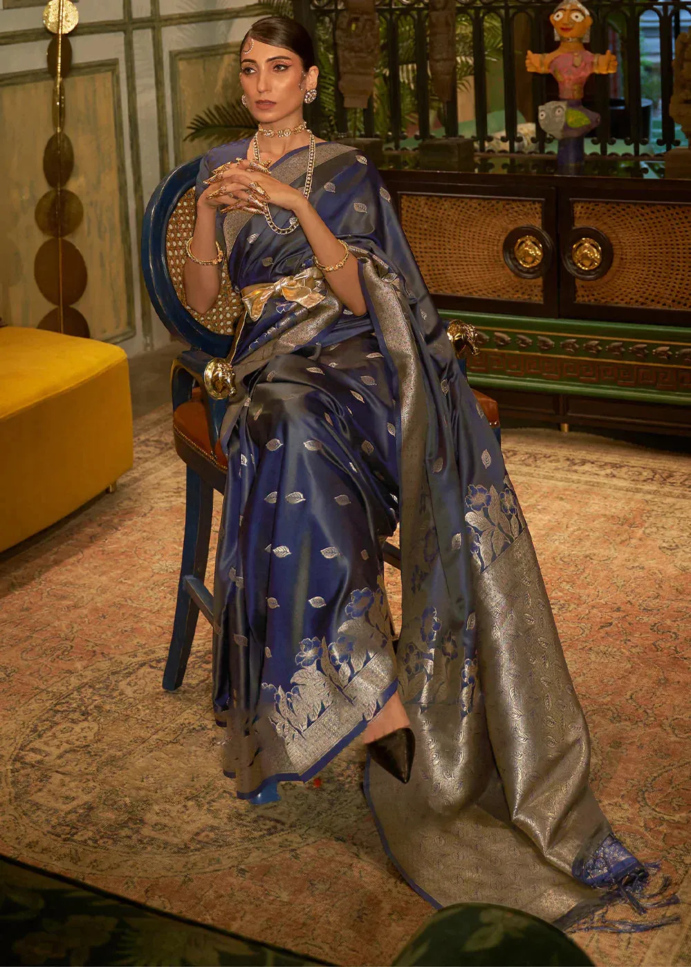French Navy Blue Zari Woven Satin Silk Saree