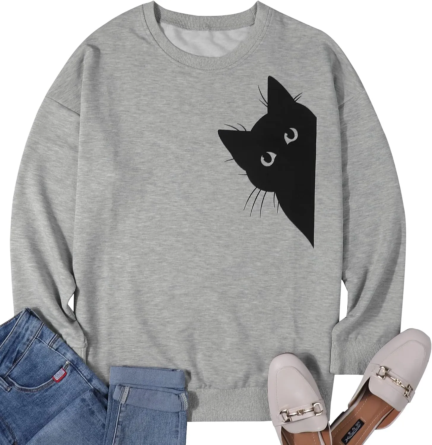 FRYAID Cat Sweatshirt Women Funny Black Cat Graphic Sweater Casual Cat Crewneck Holiday Long Sleeve Hoodie Pullover Top