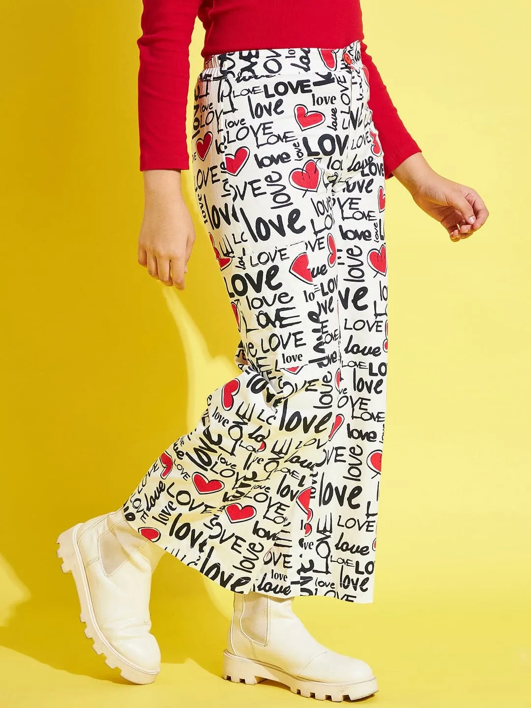 Girls White Twill Love Side Pocket Straight Pants - Lyush Kids