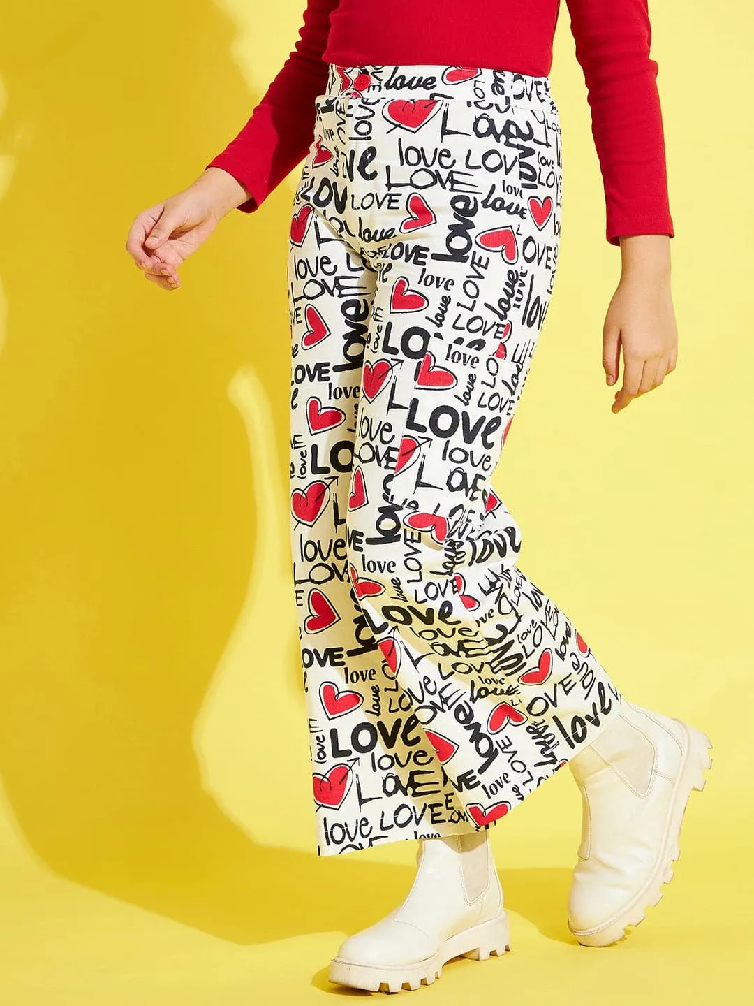Girls White Twill Love Side Pocket Straight Pants - Lyush Kids