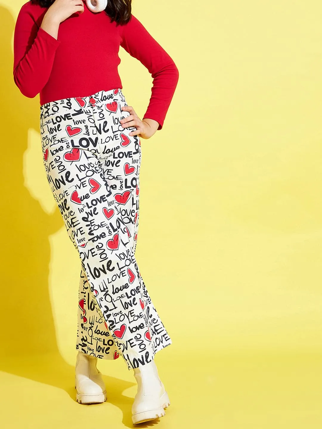 Girls White Twill Love Side Pocket Straight Pants - Lyush Kids
