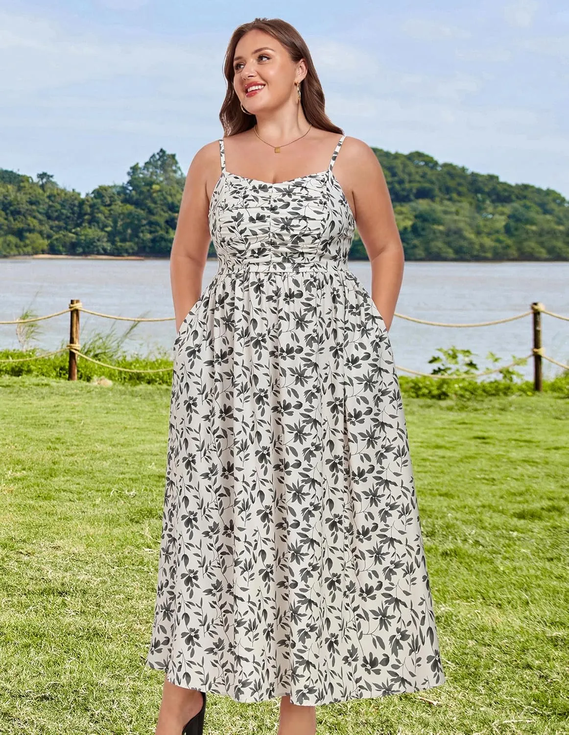 Hanna Nikole Womens Plus Size Casual Spaghetti Straps Bohemian Maxi Dress V Neck Flowy Dress with Pockets