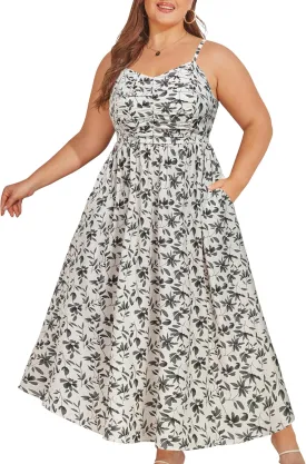 Hanna Nikole Womens Plus Size Casual Spaghetti Straps Bohemian Maxi Dress V Neck Flowy Dress with Pockets