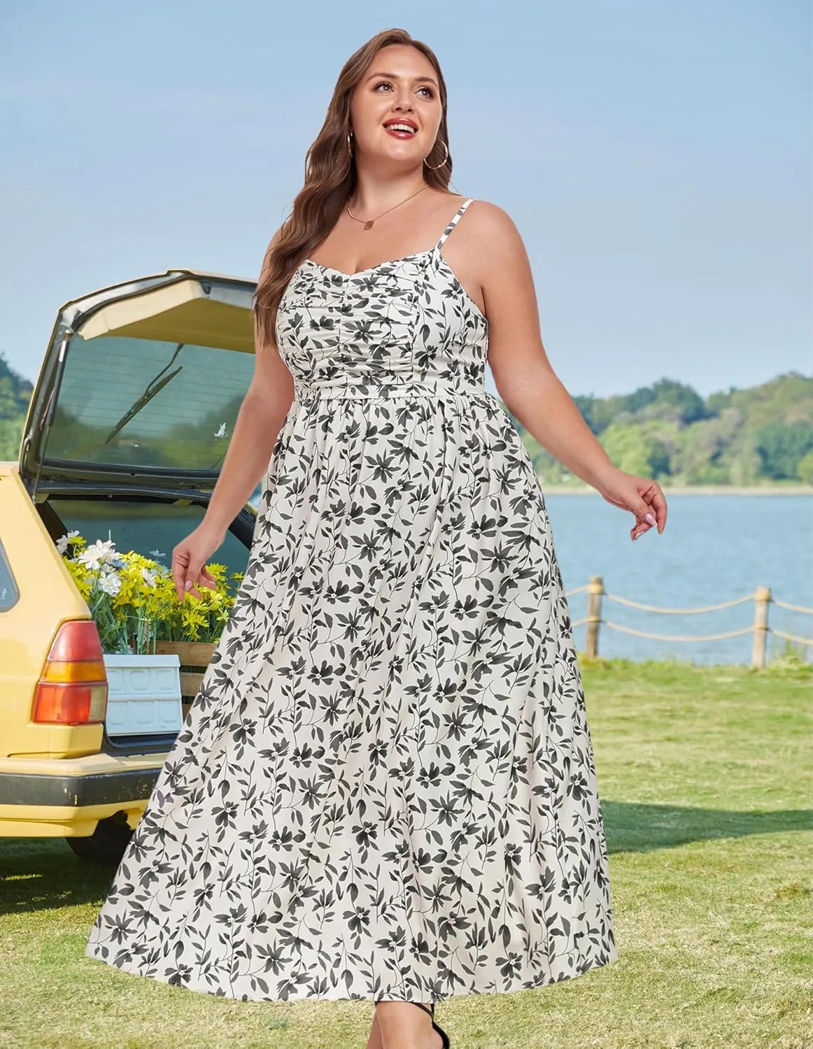 Hanna Nikole Womens Plus Size Casual Spaghetti Straps Bohemian Maxi Dress V Neck Flowy Dress with Pockets