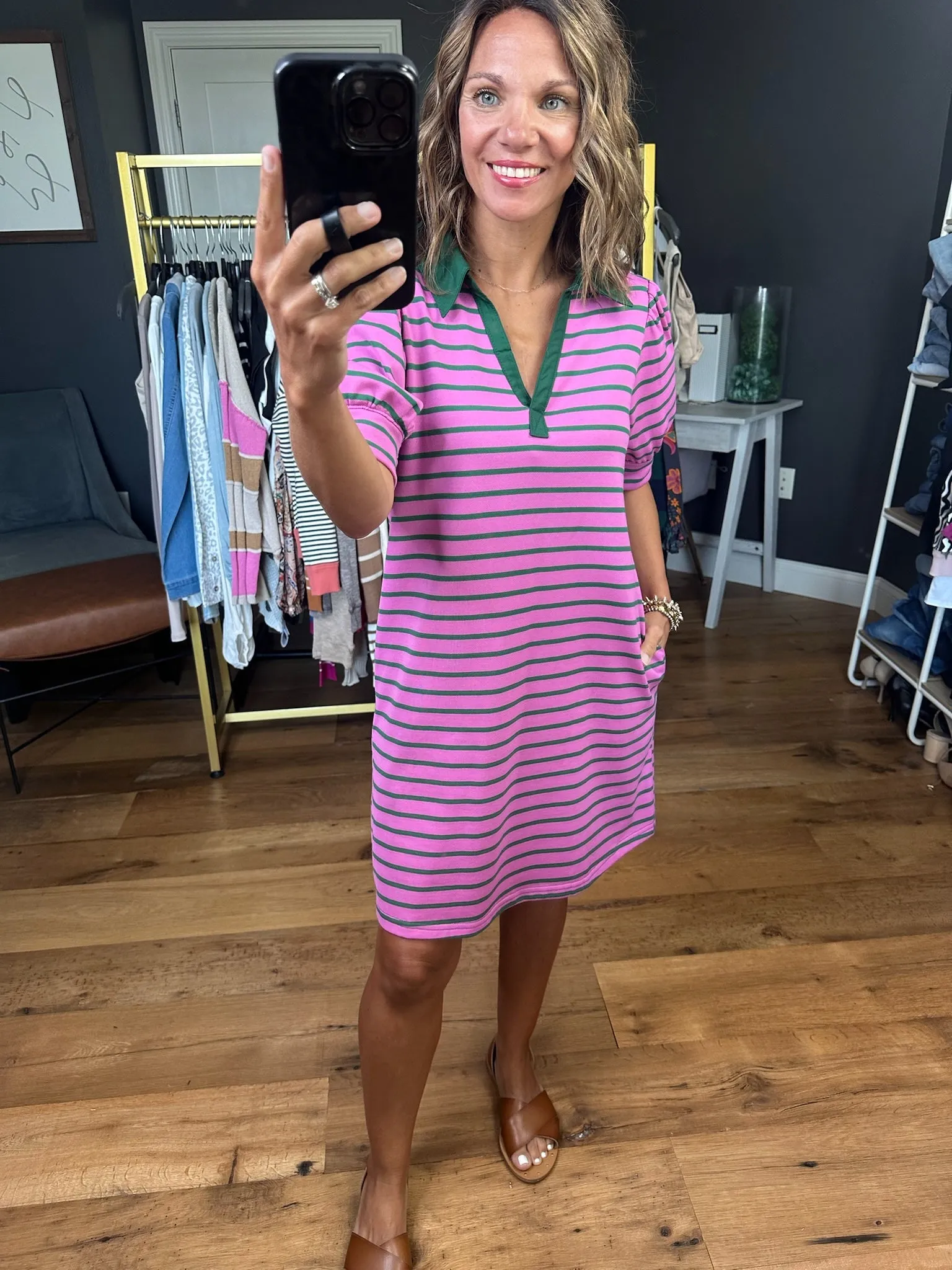 Happiest Day Striped Collared Dress - Pink Multi