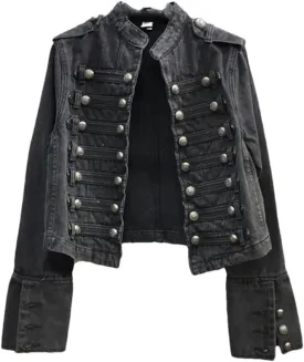 Hcclijo Patchwork Button Blue Denim Coat For Women Stand Collar Long Sleeve Loose Jackets Spring Jean Jacket