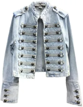 Hcclijo Patchwork Button Blue Denim Coat For Women Stand Collar Long Sleeve Loose Jackets Spring Jean Jacket