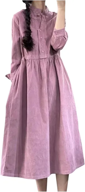 HGps8w Women's Baggy Corduroy Babydoll Dress Vintage Stand Collar A-Line Tiered Maxi Long Dress with Pockets