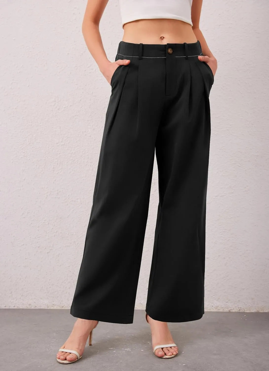 HVT Womens Work Pants High Waisted Straight Leg Pleated Pants Casual Loose Business Fluid Trousers with Pockets
