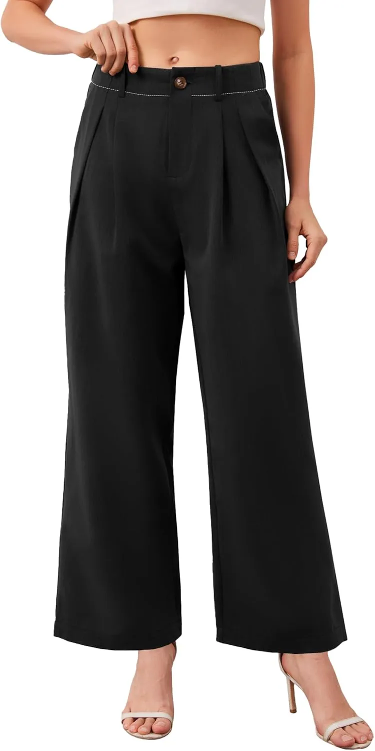 HVT Womens Work Pants High Waisted Straight Leg Pleated Pants Casual Loose Business Fluid Trousers with Pockets